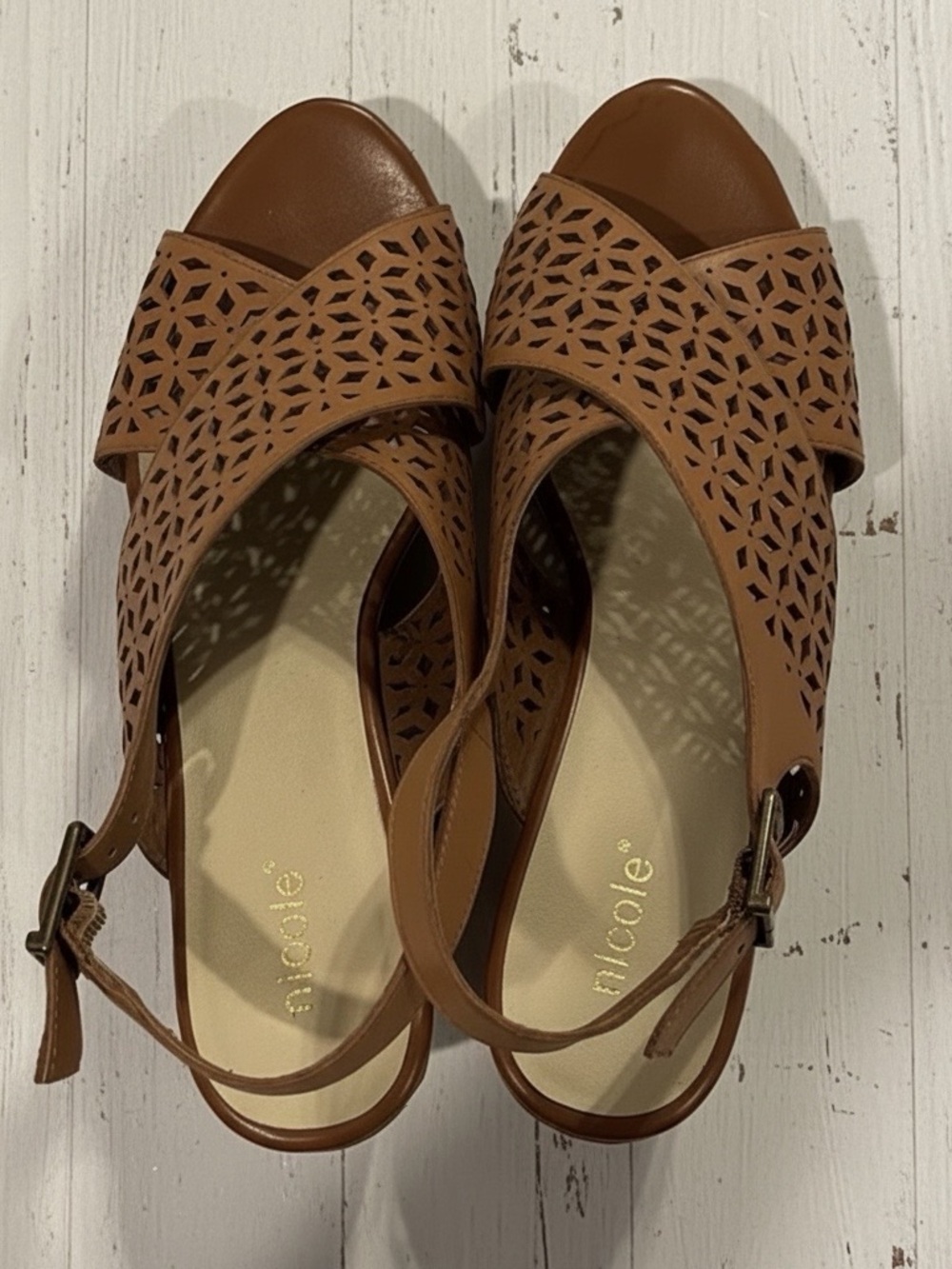Cork and leather sandals by Nicole. 3 inch wedge heel. Size 8. - Picture 3 of 8